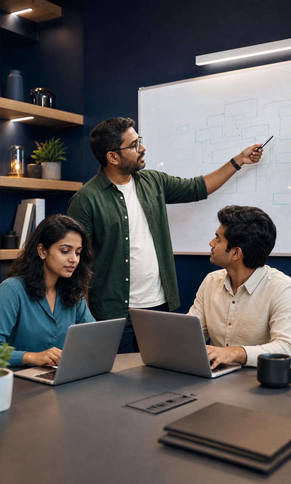 Three distinct Indian software engineers collaborating on product architecture and development
