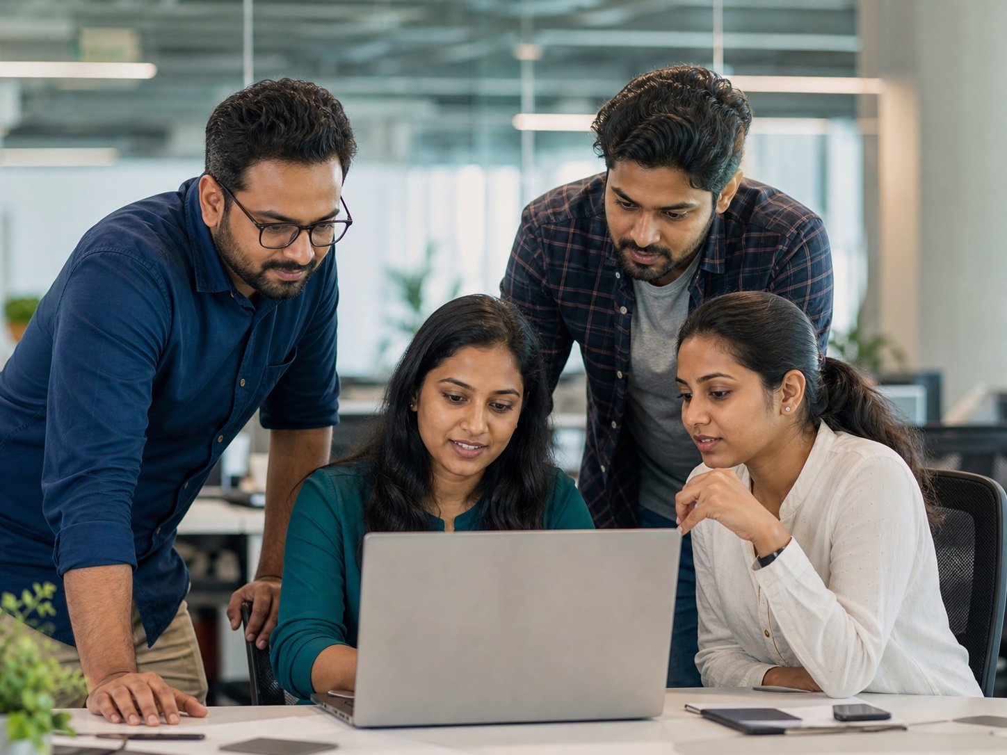 Indian offshore software engineering team collaborating around a laptop